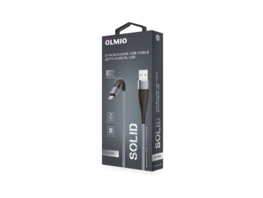 Кабель OLMIO SOLID USB 2.0 - lightning 1.2м 2.1A Титановый (039048) усиленный